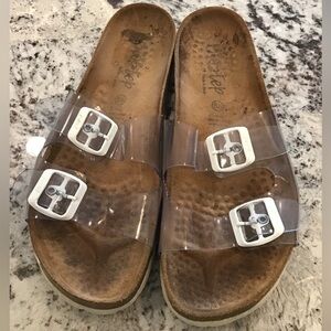 Biostep Clear Tan & White double buckle cork shoes size 8.5